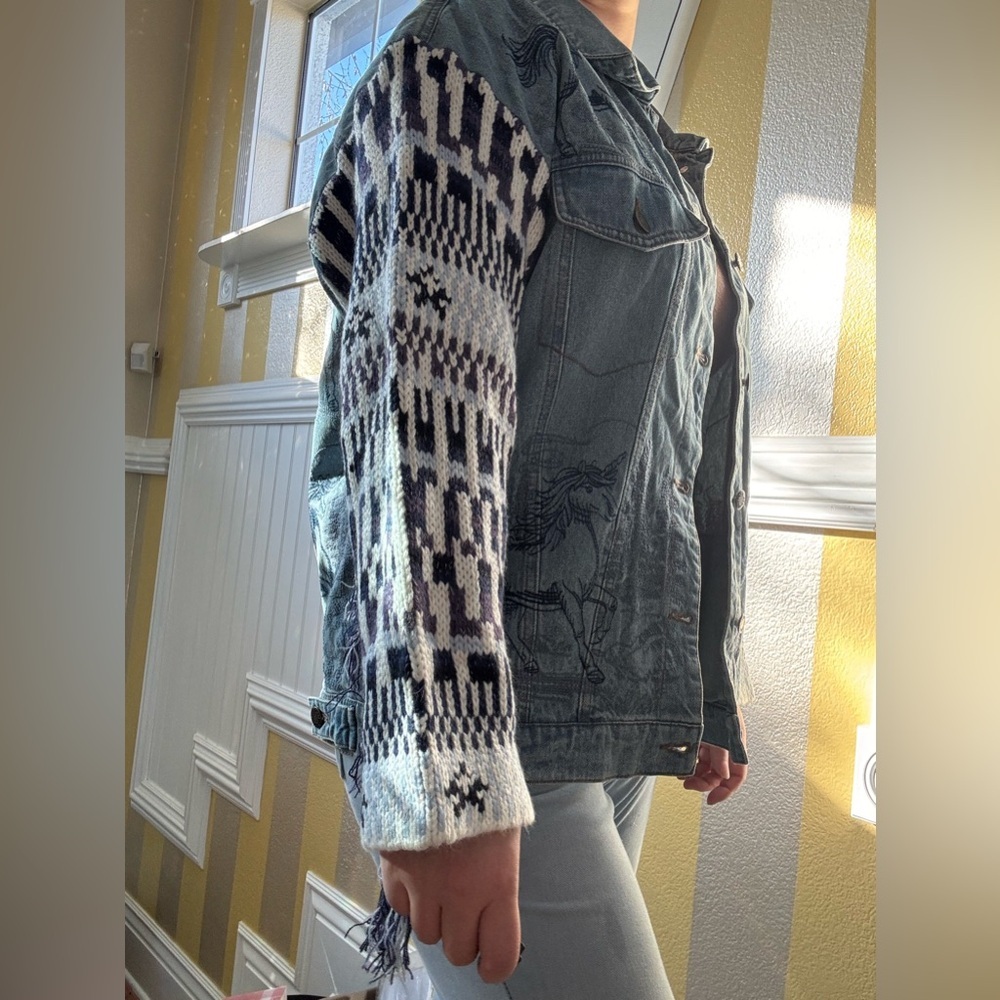 Denim Jacket with Knit Sleeves and Fringe - Picture 4 of 9